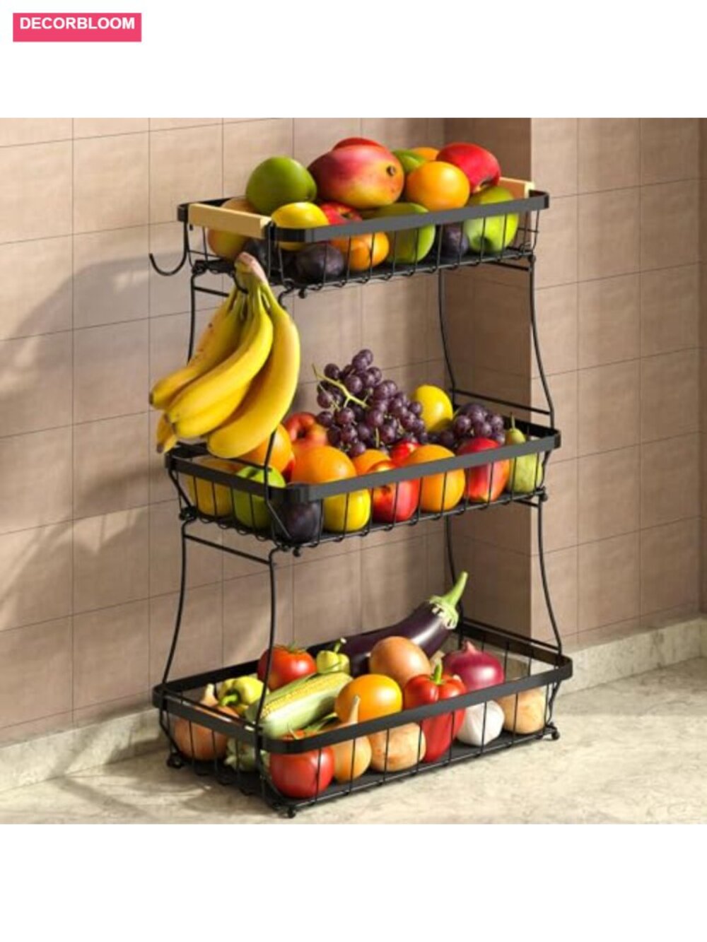 3-Tier Fruit Basket Detachable Metal Bowl Banana Hangers Kitchen Storage